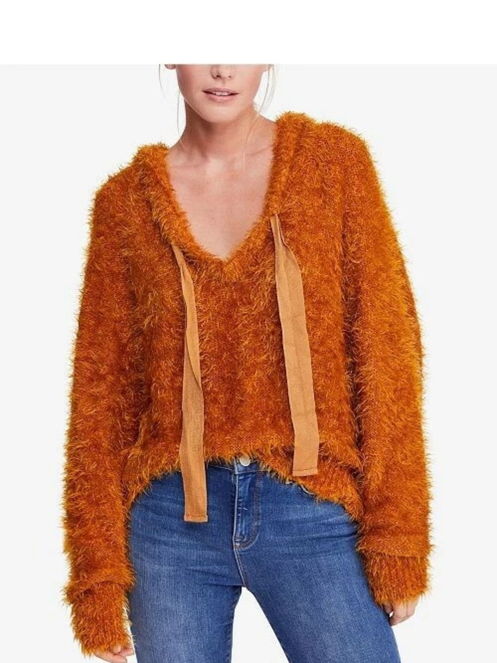 Free People "Light As A Feather" Fuzzy Oversized Hooded Sweater in Burnt Orange